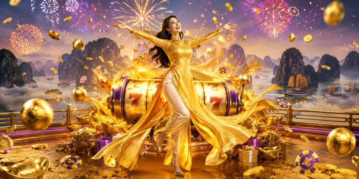 Người phụ nữ mặc áo dài bên vịnh Hạ Long chơi slot game trực tuyến trên điện thoại