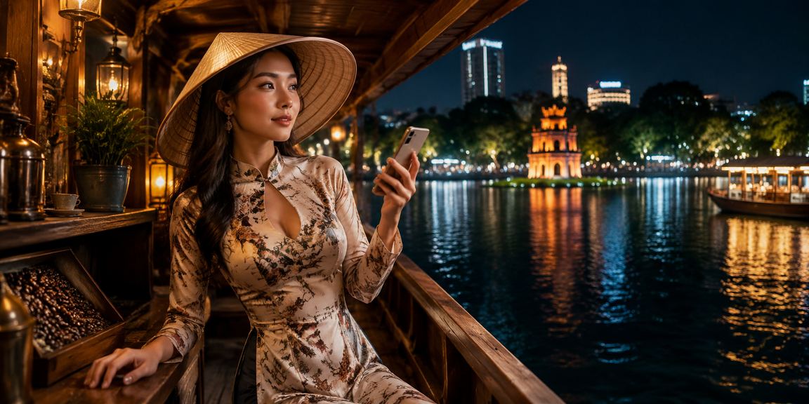 Người dùng Hà Nội cầm điện thoại xem kèo cược trực tuyến bên nón lá truyền thống