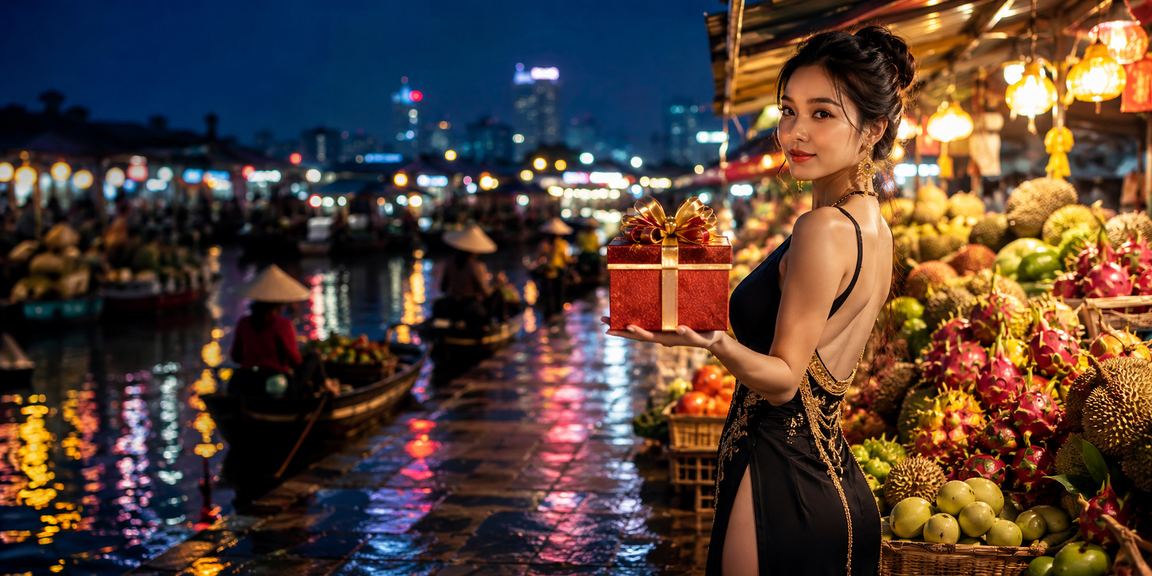 Người phụ nữ Việt Nam tươi tắn tại vùng Mekong cầm phong bao đỏ biểu trưng cho thưởng khuyến mãi casino trực tuyến