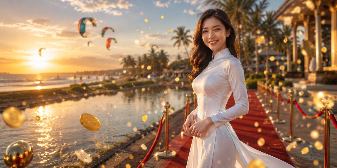 Người phụ nữ mặc áo dài tại Mũi Né kiểm tra thưởng hoàn tiền trên ứng dụng điện thoại